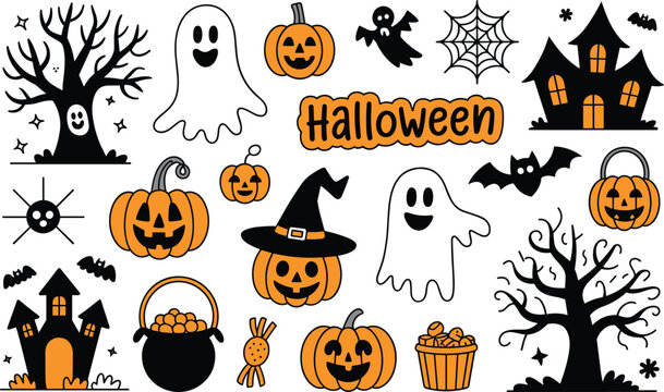 Collection of halloween elements including orange pumpkins ghosts haunted houses and bats