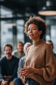 Woman speaker giving a presentation to team. African american woman leader leading corporate workshop or seminar. Communication, public speaking, leadership and professional growth concept.