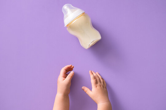 Baby's hands reaching for a milk bottle on a purple background