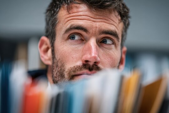 Man looking aside with thoughtful expression in library. Caucasian man examining books on shelf. Education, knowledge and learning concept. Intellectual curiosity and deep concentration.