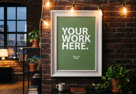 Vertical wooden Poster Frame Mockup hanging on brick wall with light bulbs