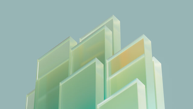 Bright geometric glass blocks stand upright against a soft background