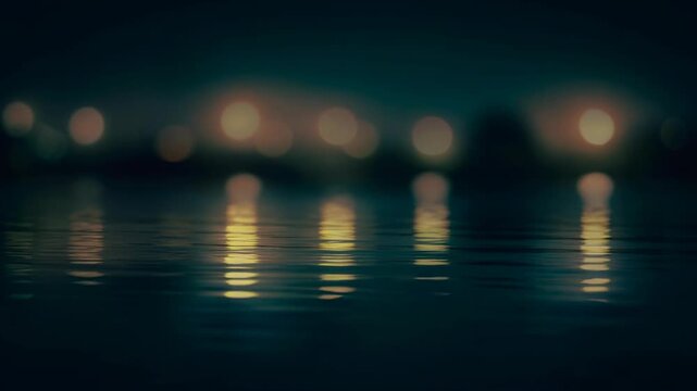 Calm night water reflections with soft glowing city lights and peaceful dark blue ambiance