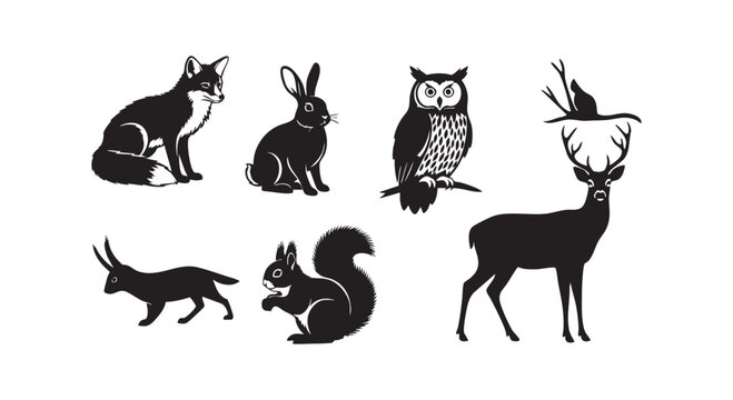 Collection of wild animals silhouettes including a fox, rabbit, owl, deer, squirrel, and a jerboa.