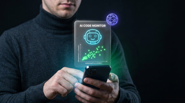 Developer Checks Code Monitor Application on Smartphone to Track Error Rate and Latency Scatter Plot, Review Bot Status, and Analyze Globe Network, Focusing on Mobile Debugging and System Health