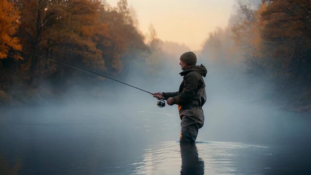 Man fishing in misty river during autumn morning surrounded by colorful fall trees outdoors