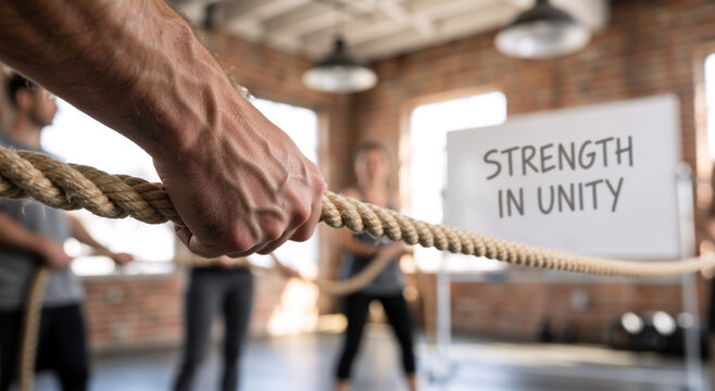 Close up of hand pulling rope in tug of war. Strength in unity concept with team working together. Motivational teamwork and collective effort in a gym setting