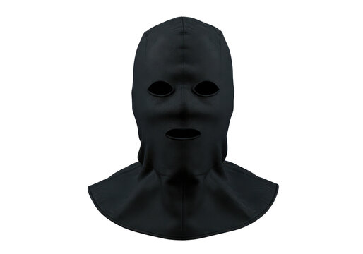 Black balaclava mask with three oval openings, hooded neck cover isolated white background