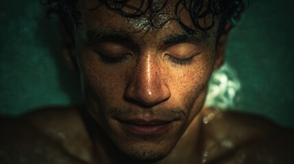 Fototapeta premium Man floating in water with eyes closed. Relaxed man with wet curly hair in dark pool. Sensory deprivation therapy, mental peace, deep meditation, wellness concept in calming mood.