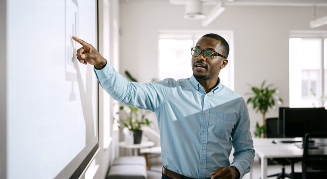 Black businessman pointing at a bar chart on a screen during a presentation. Professional man in glasses explaining data in a bright office. Corporate training and analysis concept