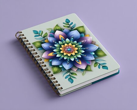 Madala coloring book spiral bound notebook with colorful floral mandala illustration on light green cover against purple background