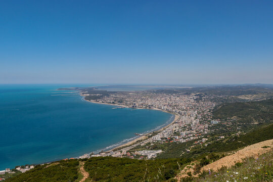 Panoramic view of the city of Vlore and the sea coast in Albania