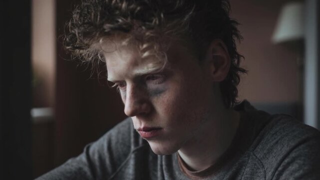 Close up portrait of a young man with black eye looking sad and thoughtful indoors with moody lighting