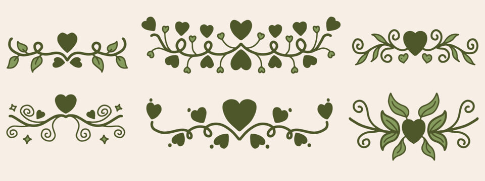 Set of vintage floral text dividers with hearts and leaves vector illustration. Cute green heart calligraphic borders and page ornaments for wedding design