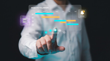 Naklejka premium Monthly Planner Gantt Chart Appears on a Holographic Screen as a Businessman Selects a Week to Organize Activities, Align Schedules, Review Progress Bars, and Coordinate Deliverables