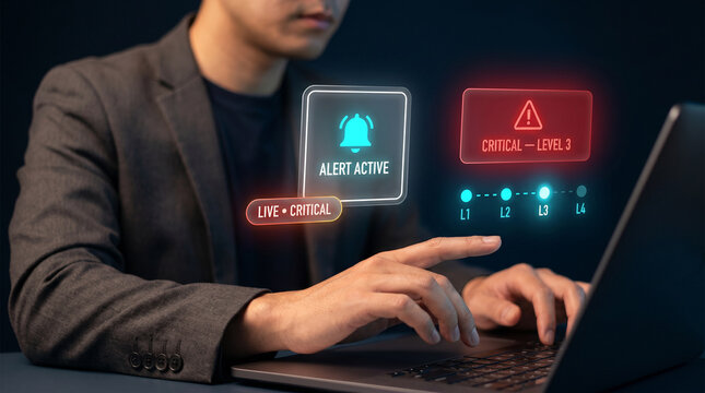 Multi-Level Warning Alert System Activates Critical Notifications on a Laptop Screen to Escalate Severity, Trigger Alarms, Classify Threat Levels, and Broadcast Urgent Messages