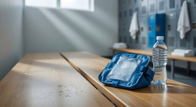 Gym locker room with water bottle, ice pack, and towel, post workout recovery.