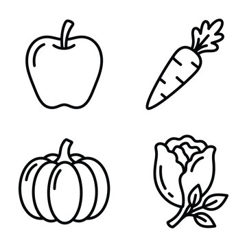 Fresh organic produce icon set featuring apple carrot pumpkin and head of cabbage vegetable agriculture nutrition