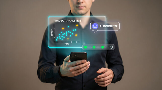 Businessman Holds Smartphone Displaying Project Analytics Scatter Plot and Insight Panel to Evaluate Impact, Measure Outcomes, and Interpret Patterns, Focusing on Strategic Decisions, Trend Mapping