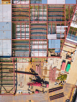 Aerial View of Steel Frame Construction Site