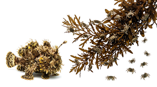 Vibrant frogfish and a cluster of tiny crabs on seaweed, isolated on a clean white background, showcasing marine diversity