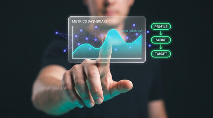 Fototapeta premium Professional Touches Holographic Metrics Dashboard Showing Wave Chart with Profile Score and Target Buttons to Navigate Data Categories and Review Results, Focusing on Visual Selection and Scoring