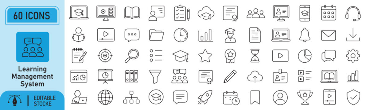 60 Learning Management System Vector Outline Icons Set &ndash; Editable Black Line Symbols Collection, Modern UI UX Icon Bundle, Isolated on White Background.
