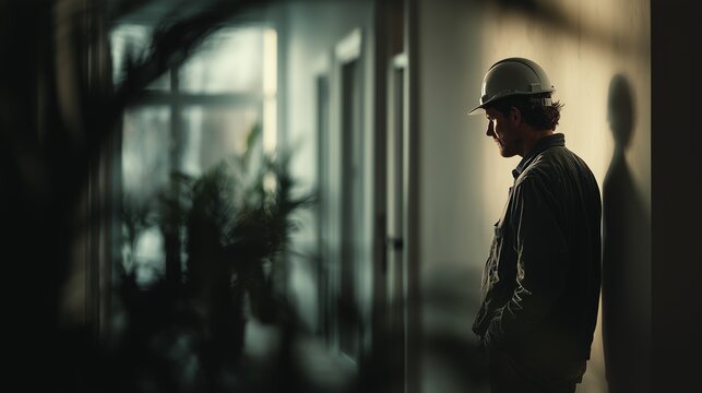Silhouetted construction worker in hard hat leans against wall, deep in thought, with plant and window in background.
