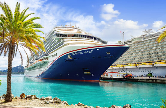 St. Thomas, US Virgen Islands - March 13, 2025: Cruise ship Carnival Vista docked at port St.Tomas. The island is a popular Caribbean cruise destination