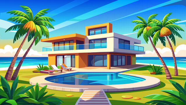 Realistic vector illustration of luxury beachfront villa with infinity pool, palm trees, ocean view, modern architecture, bright sunlight, tropical resort atmosphere, high detail