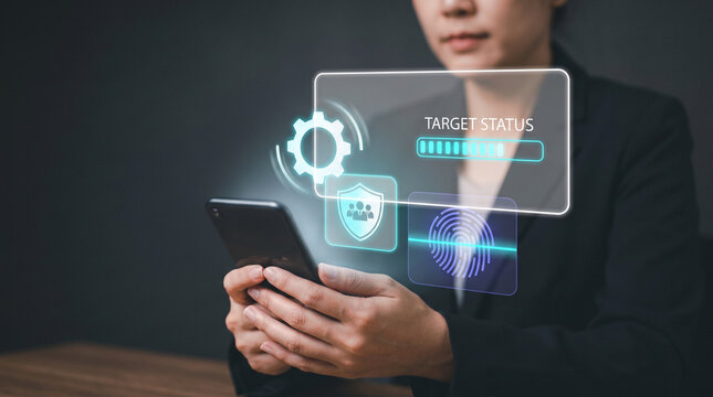 Businesswoman Holds Tablet Showing Target Status Progress Bar with Gear, Shield, and Fingerprint Icons on Holographic Overlay to Monitor Team Security and Goal Completion, Focusing on Biometric Access