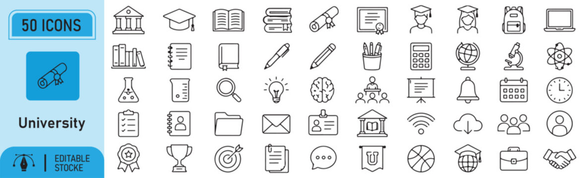 50 University Vector Outline Icons Set &ndash; Editable Black Line Symbols Collection, Modern UI UX Icon Bundle, Isolated on White Background.
