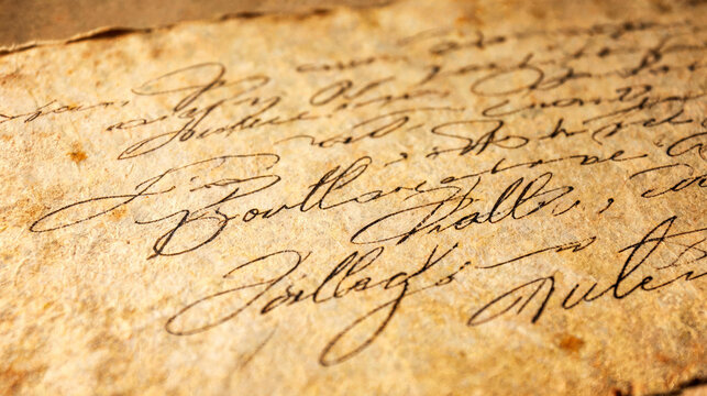 Elegant cursive handwriting on vintage parchment paper, classic calligraphy letter with ink pen strokes, nostalgic retro correspondence or romantic wedding invitation concept background texture.