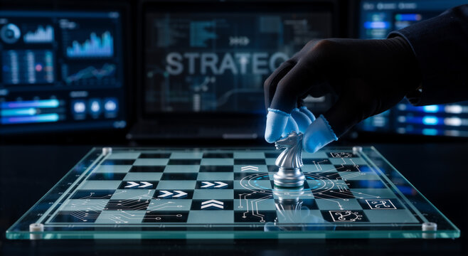 Gloved hand moving silver knight on futuristic glass chessboard with glowing circuits. Digital strategy and cybersecurity concept with blurred computer screens displaying data