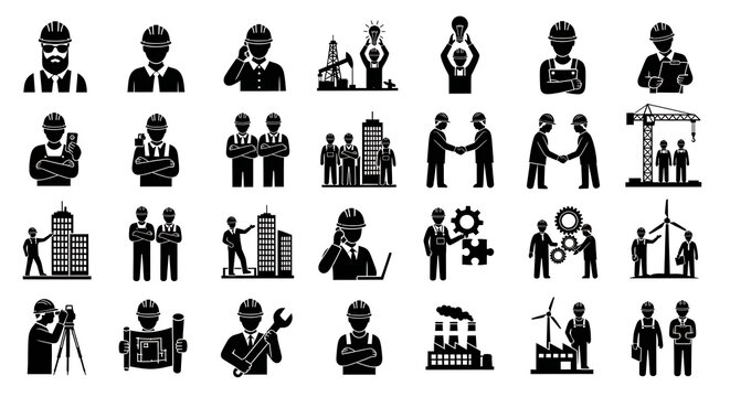 Set of black silhouette icons representing construction engineering and industrial professions construction engineering industrial silhouette architecture building industry technical