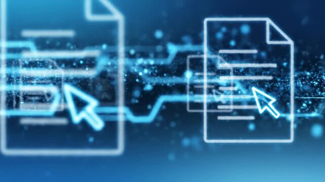 Abstract glowing data streams connect digital documents represented by stylized paper icons and cursor pointers, symbolizing information exchange and network connectivity within a futuristic
