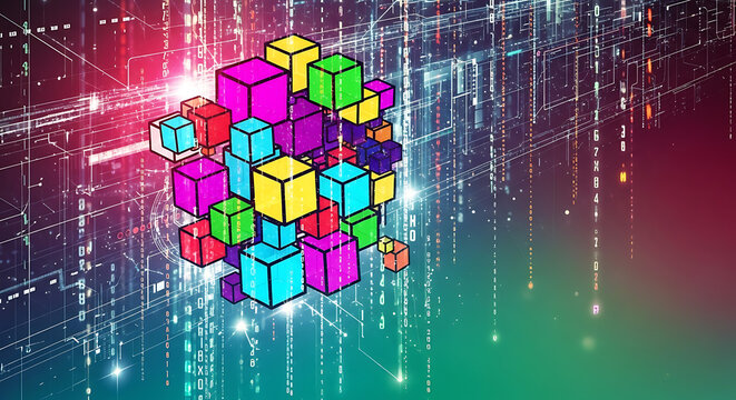 Digital abstract background with colorful glowing cubes and cascading binary code technology abstract futuristic communication information computing internet connectivity innovation software