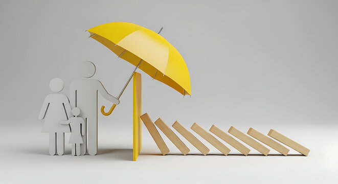 Family figures protected by a yellow umbrella from falling wooden dominoes with insurance protection umbrella dominoes security prevention management financial metaphor children stability