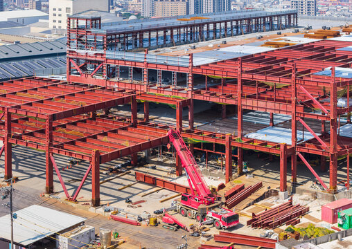 Aerial View Red Steel Structure Construction Site Crane