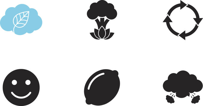 Environmental and Healthy Lifestyle Icon Set Featuring Eco Cloud Broccoli Recycle Arrows Smiley Face and Pollution Symbols