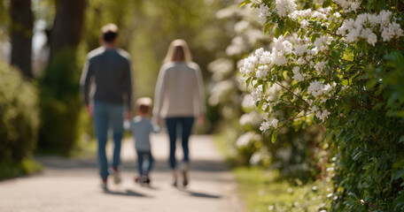 Obraz premium Family walking on path with blooming flowers