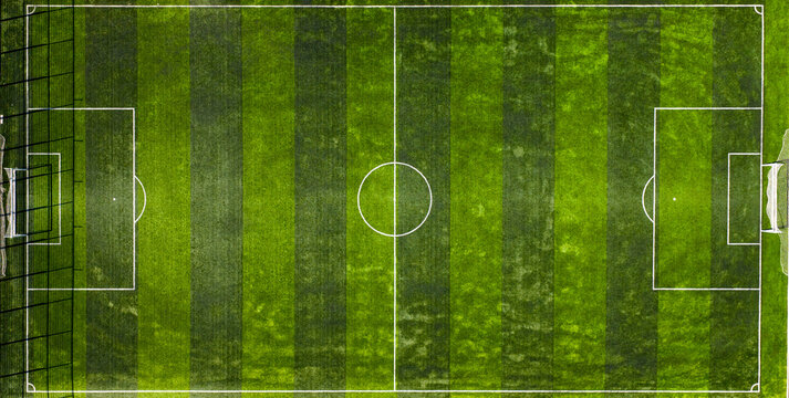 empty Soccer Field From Above Showing Markings, overhead drone shot