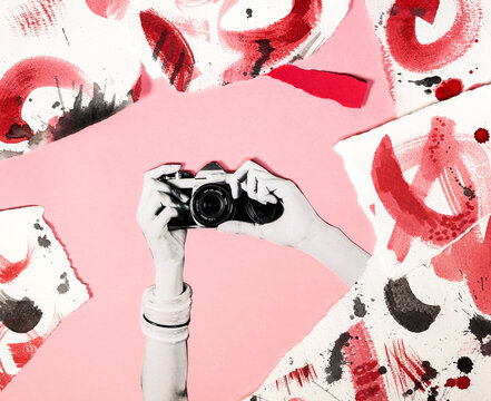Analog collage hands holding a camera 