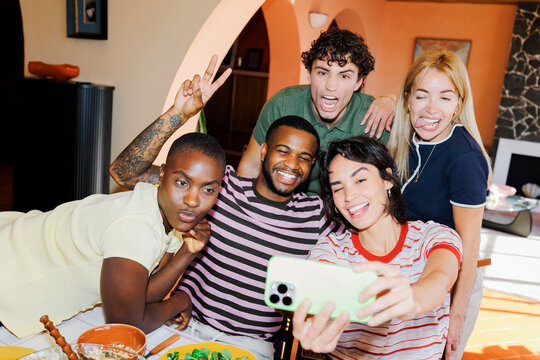Diverse friends having fun taking selfie at gathering