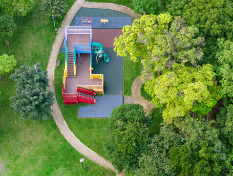 Aerial View of Colorful Children Playground in Green Park