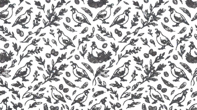 Quail decorative pattern vector set, repeating quail birds with feathers, eggs, leaves, seamless pattern design, minimal line style, white background

