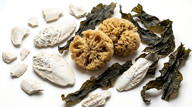 Assortment of natural marine elements sponges, dried seaweed, and cuttlefish bones, isolated on white