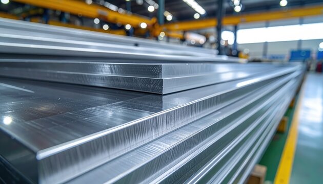 Stacked brushed aluminum sheets displaying metallic texture in an industrial setting