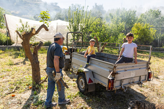 Farmer and children pruning trees in orchard