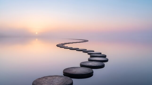 Dark stone stepping stones forming a curved path over water